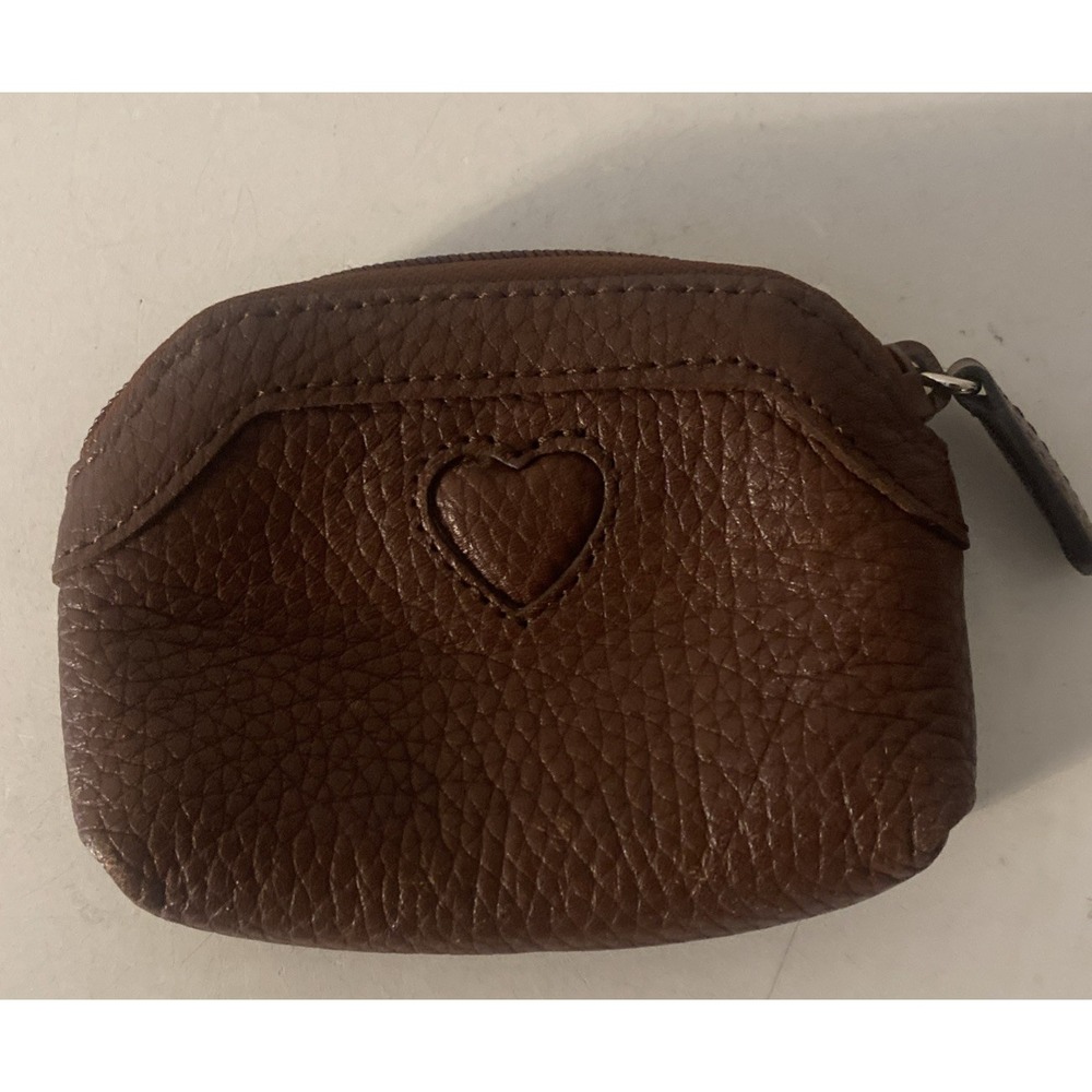 Brighton Brown Pebbled Leather Embossed Heart Coin Purse w/Leopard Print Inside